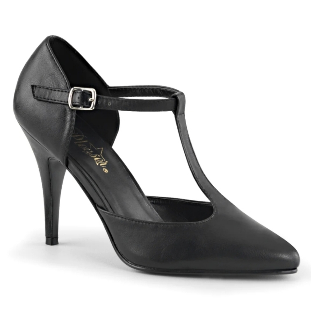 Pleaser Vanity-415 4" T-Strap D'Orsay Style Pump Faux Leather Vegan Black 7
